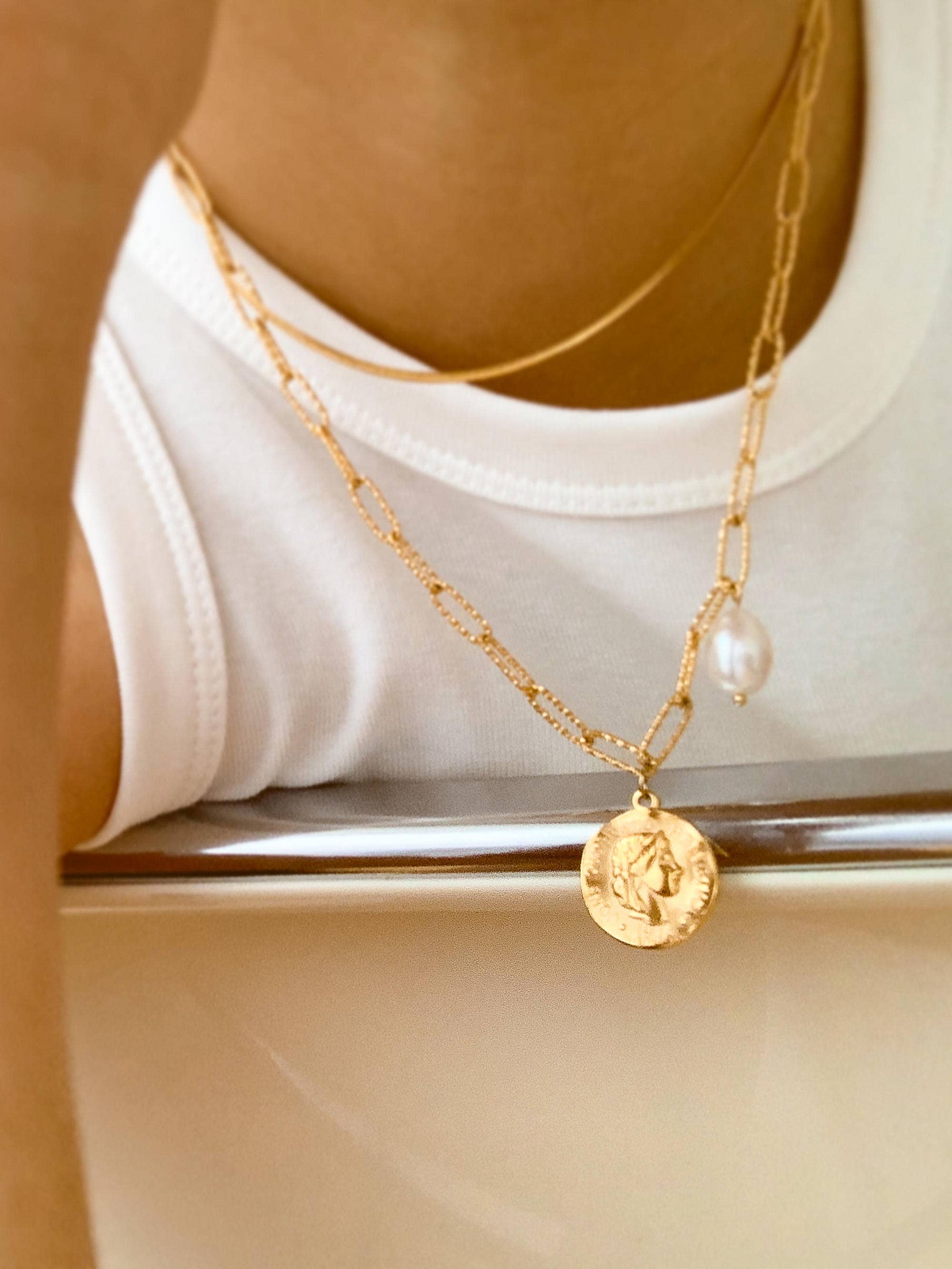 EVA Coin & Pearl Chain Necklace
